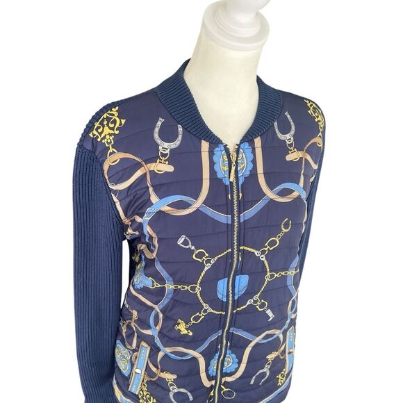 J. McLaughlin Andie Equestrian Print Navy Puffer Sweater Jacket Medium - Picture 4 of 10